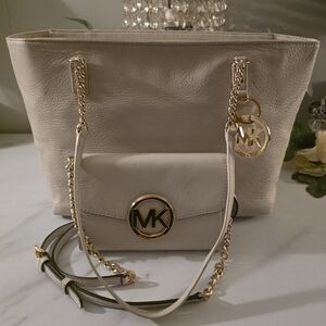 Michael Kors Cream Tote and Crossbody Bag with Gold Details